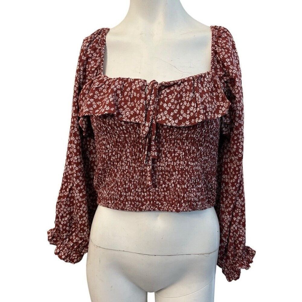 Juniors Large Cropped Top Long Sleeve Elastic Ruffled Top Rust indigo Rising